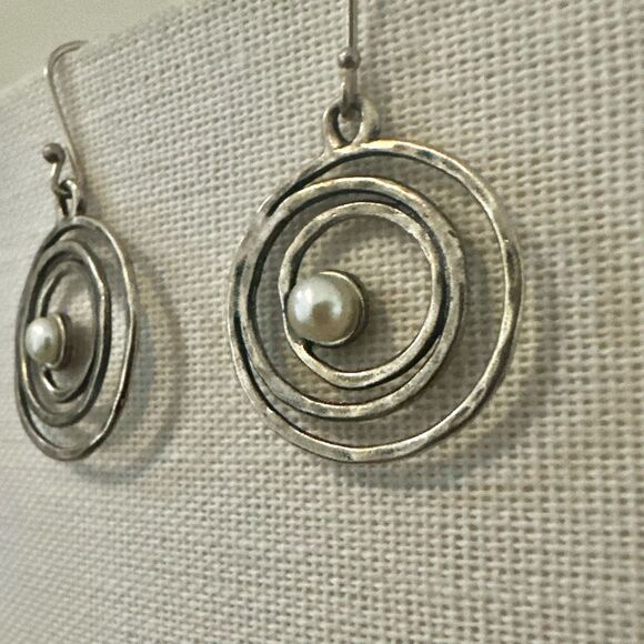 Sterling Silver Spiral Dangle Earrings with Real Pearl – Modern Artisan Style - Picture 3 of 11